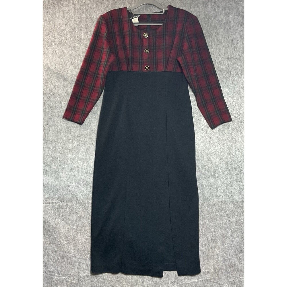 Vintage My Michelle Dress Womens Medium Red Plaid Black Maxi Retro USA Made *